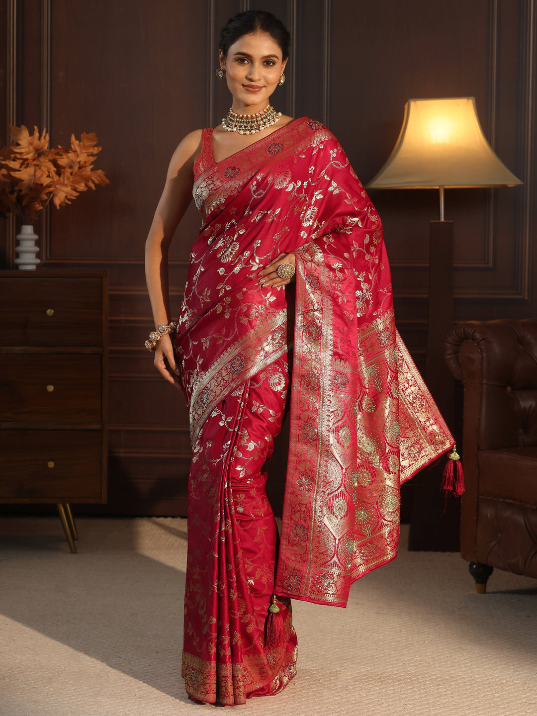 Libas Red Floral Woven Design Satin Saree with Embellished Pallu