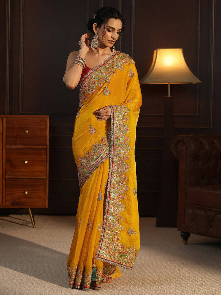 Libas Art Mustard Ethnic Embroidered Tissue Saree