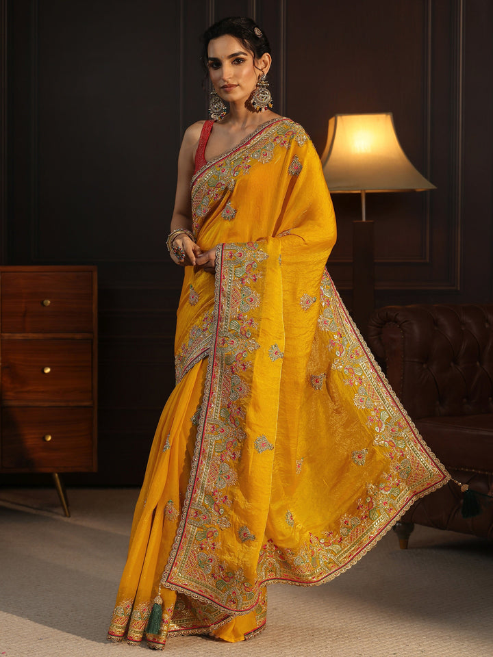 Libas Art Mustard Ethnic Embroidered Tissue Saree