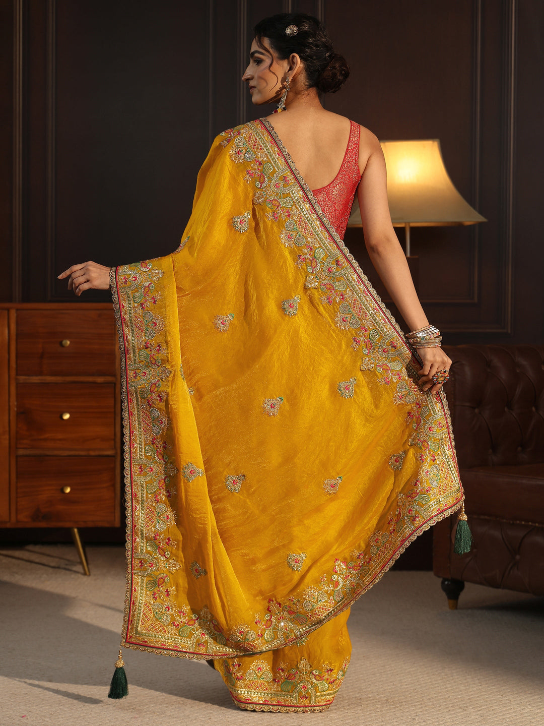 Libas Art Mustard Ethnic Embroidered Tissue Saree