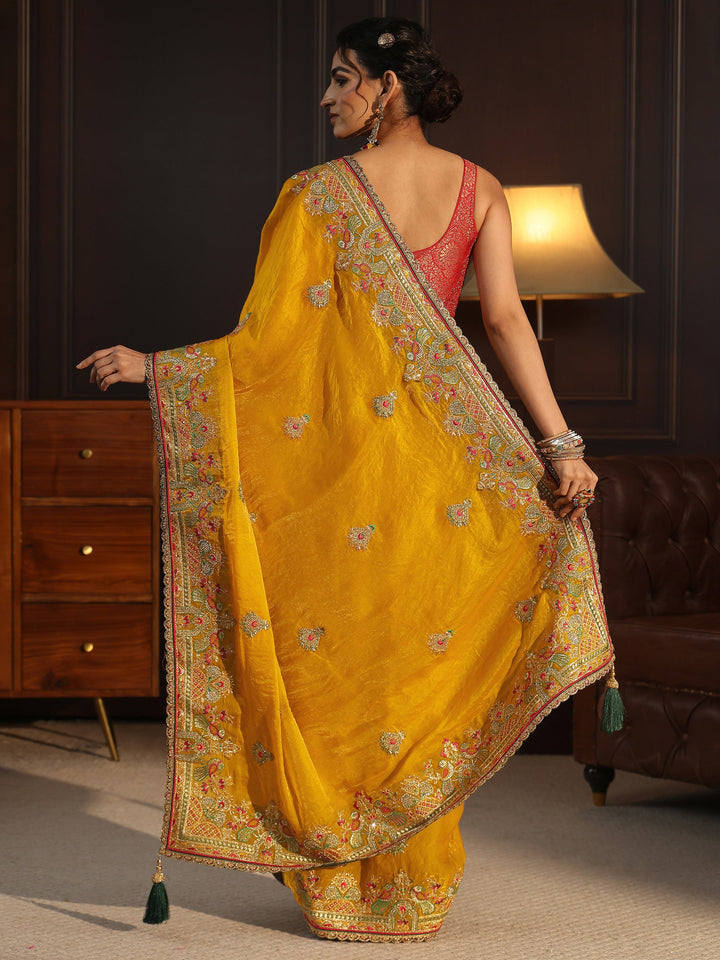 Libas Art Mustard Ethnic Embroidered Tissue Saree