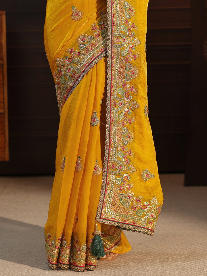 Libas Art Mustard Ethnic Embroidered Tissue Saree