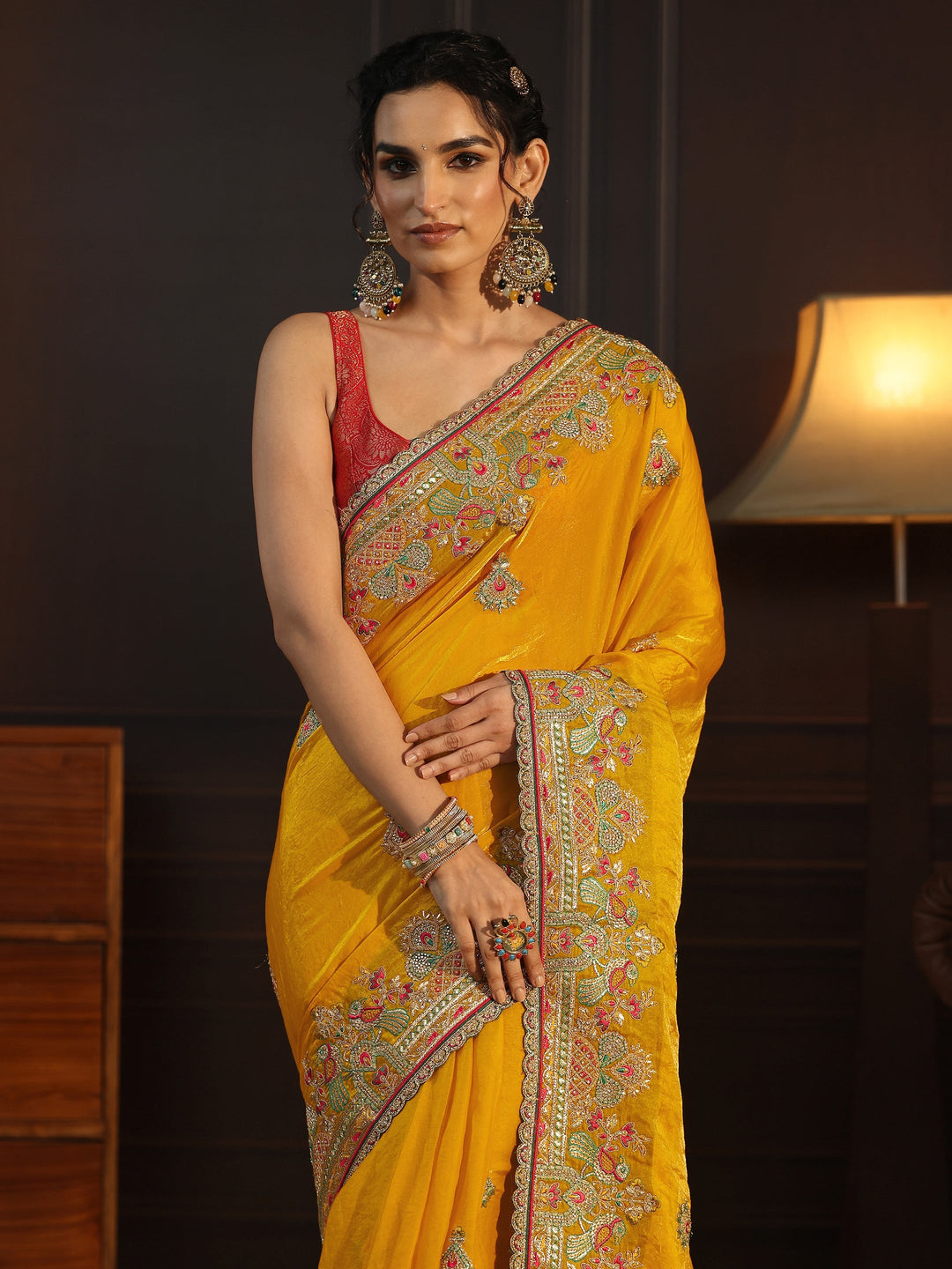 Libas Art Mustard Ethnic Embroidered Tissue Saree