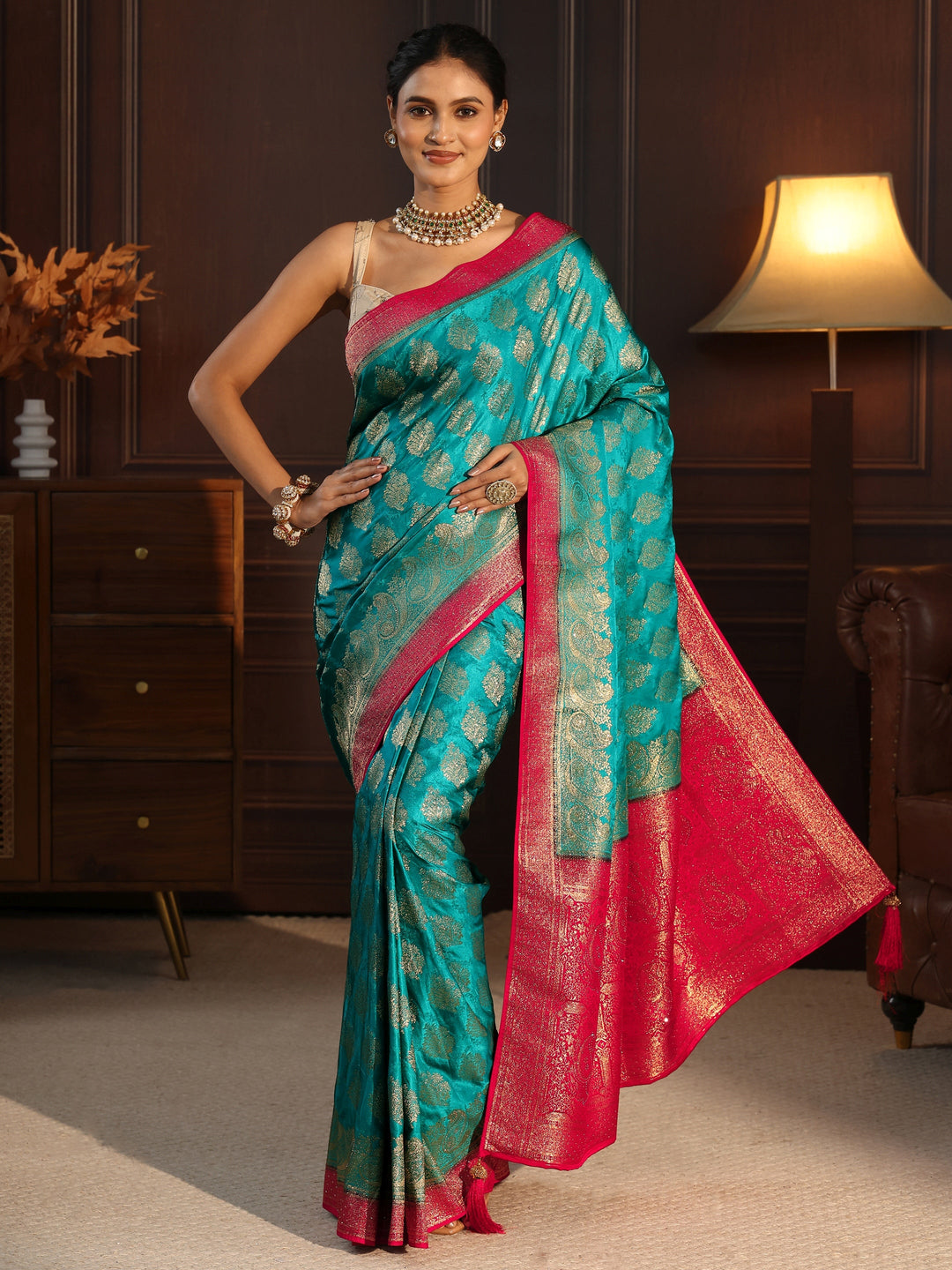 Libas Blue and Pink Woven Design Satin Saree