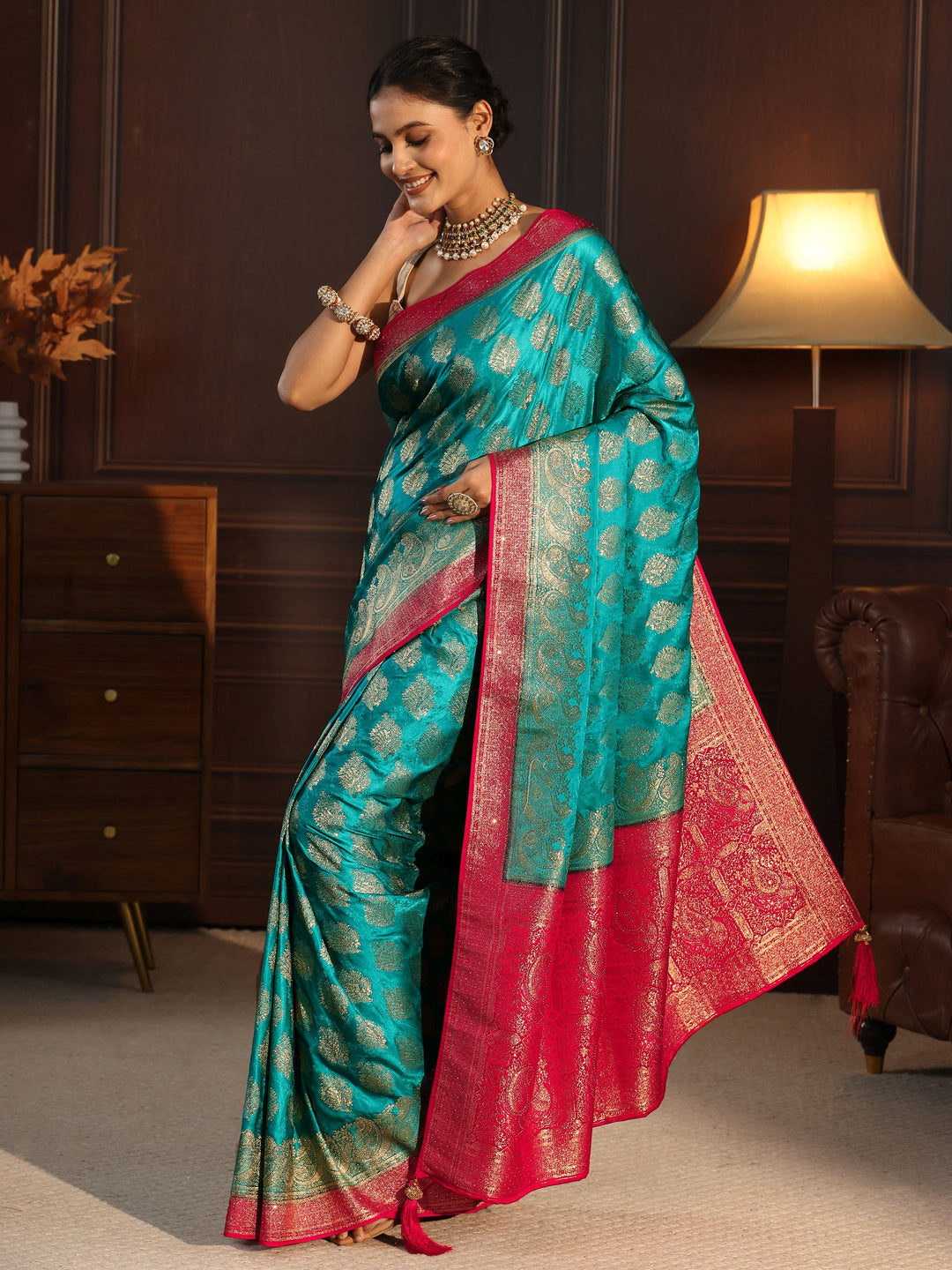Libas Blue and Pink Woven Design Satin Saree