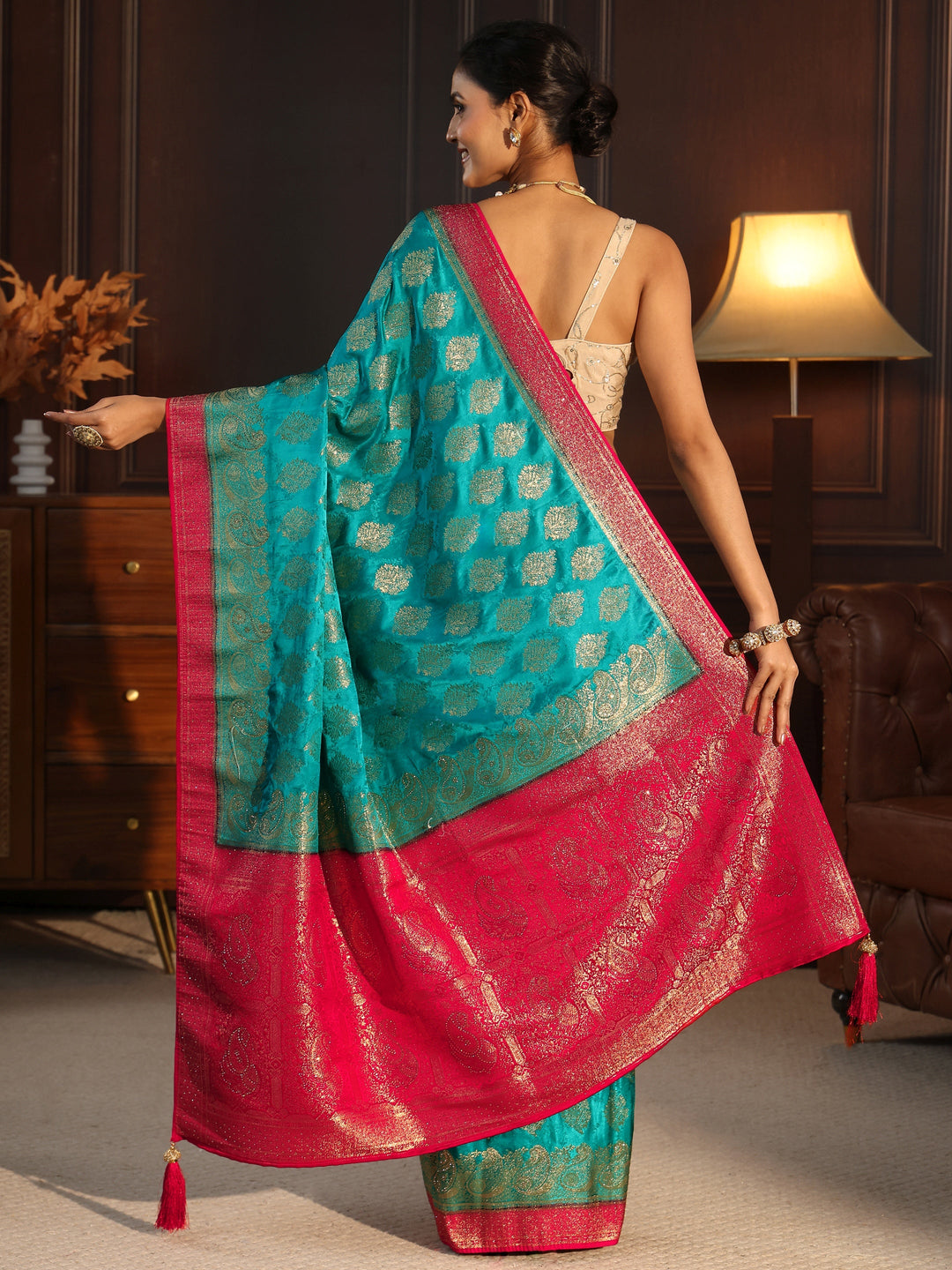 Libas Blue and Pink Woven Design Satin Saree