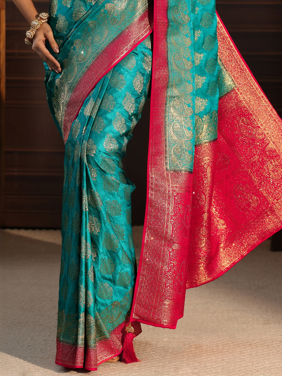 Libas Blue and Pink Woven Design Satin Saree