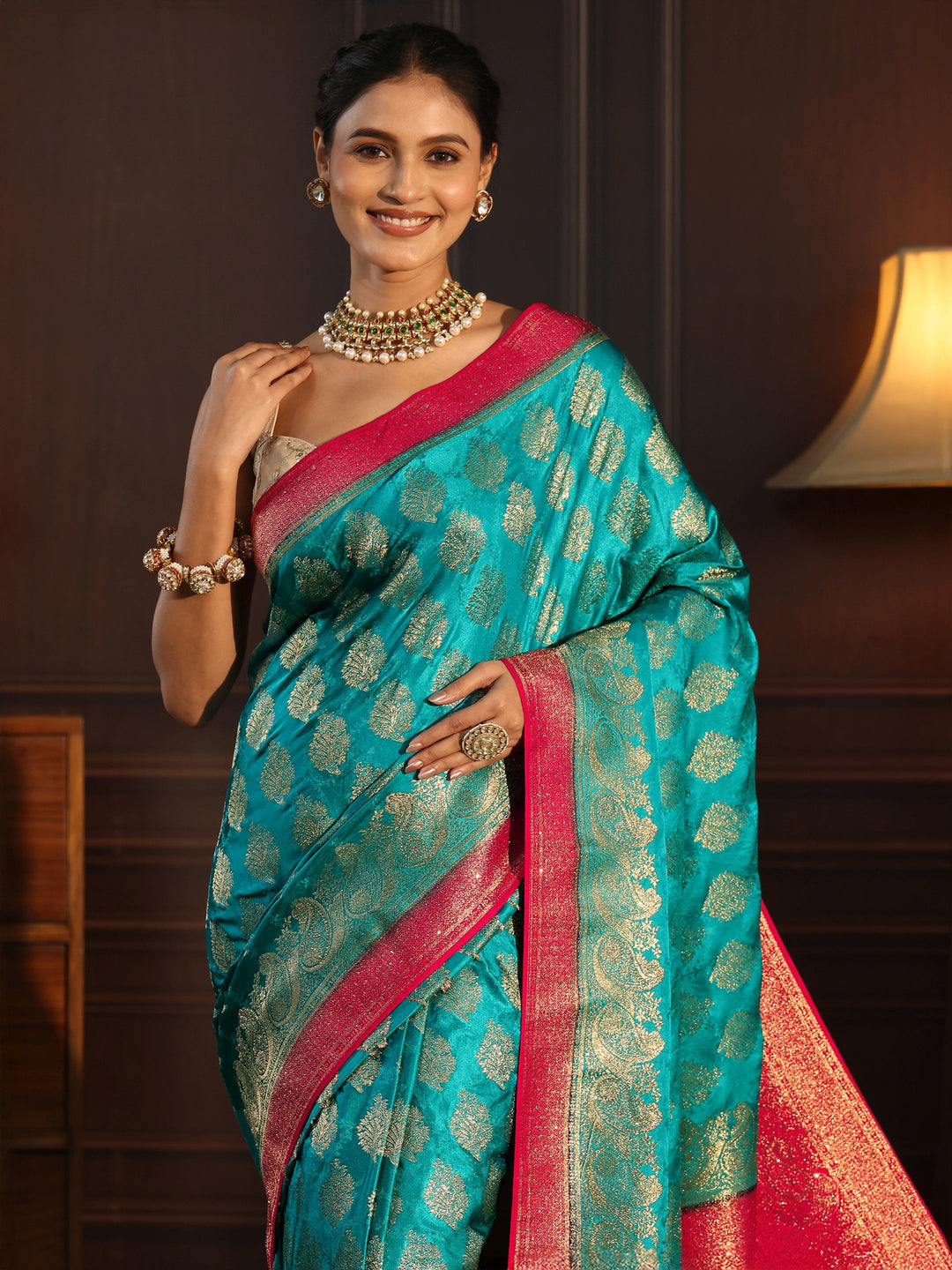 Libas Blue and Pink Woven Design Satin Saree