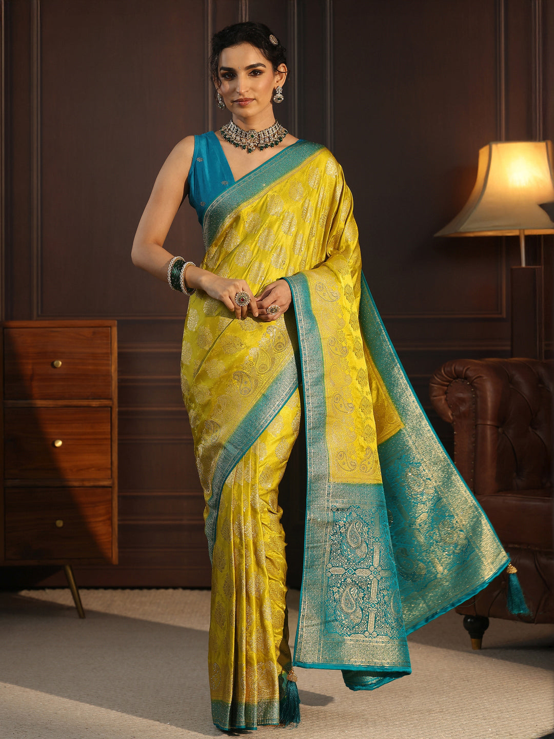 Libas Green and Blue Woven Design Satin Saree