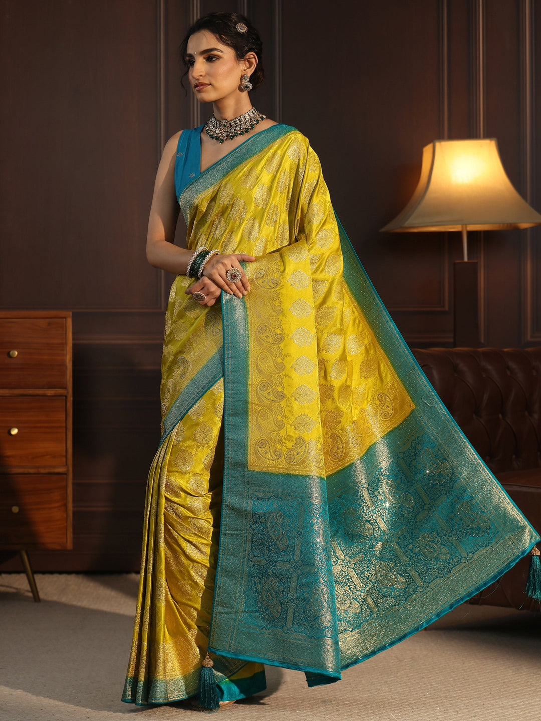 Libas Green and Blue Woven Design Satin Saree