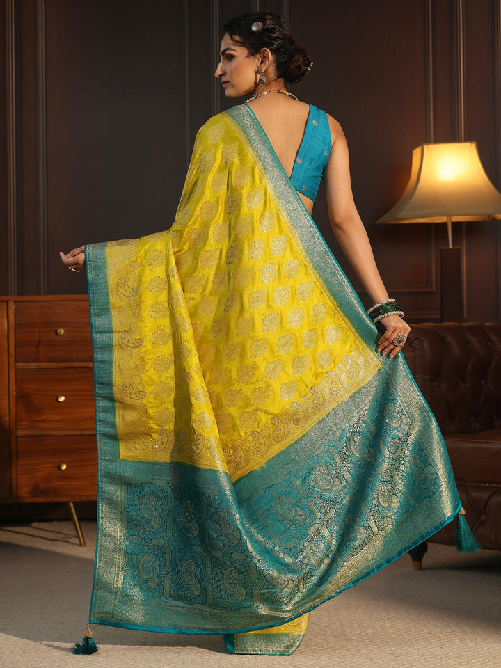 Libas Green and Blue Woven Design Satin Saree