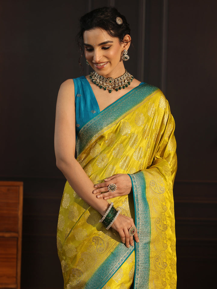 Libas Green and Blue Woven Design Satin Saree