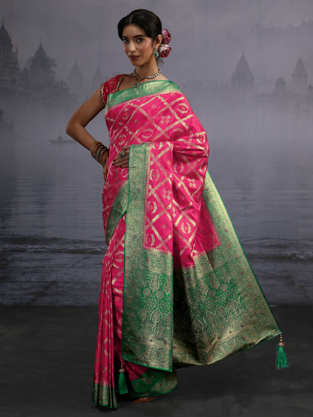 Libas Pink and Green Ethnic Woven Design Silk Blend Saree