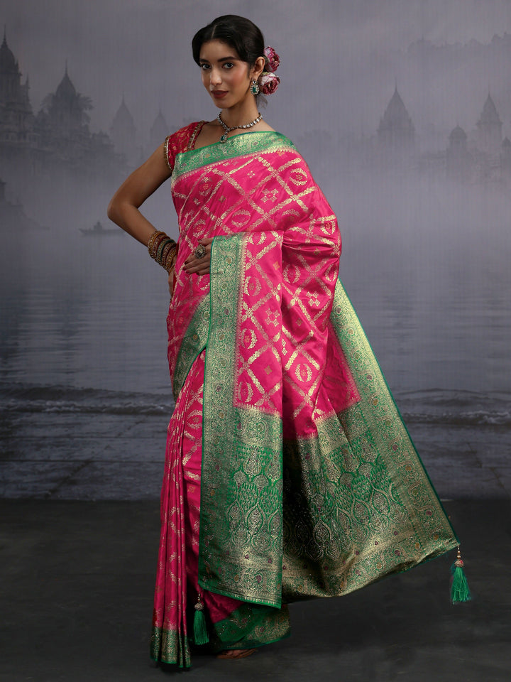 Libas Pink and Green Ethnic Woven Design Silk Blend Saree