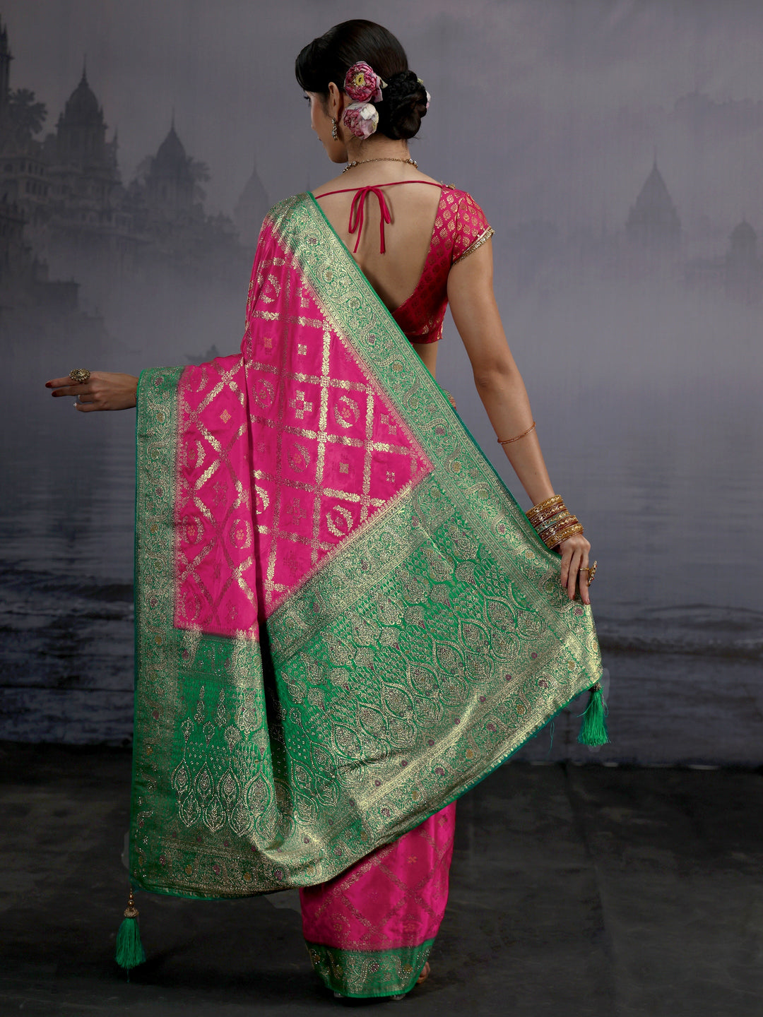 Libas Pink and Green Ethnic Woven Design Silk Blend Saree