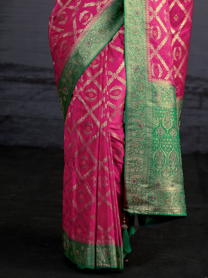 Libas Pink and Green Ethnic Woven Design Silk Blend Saree