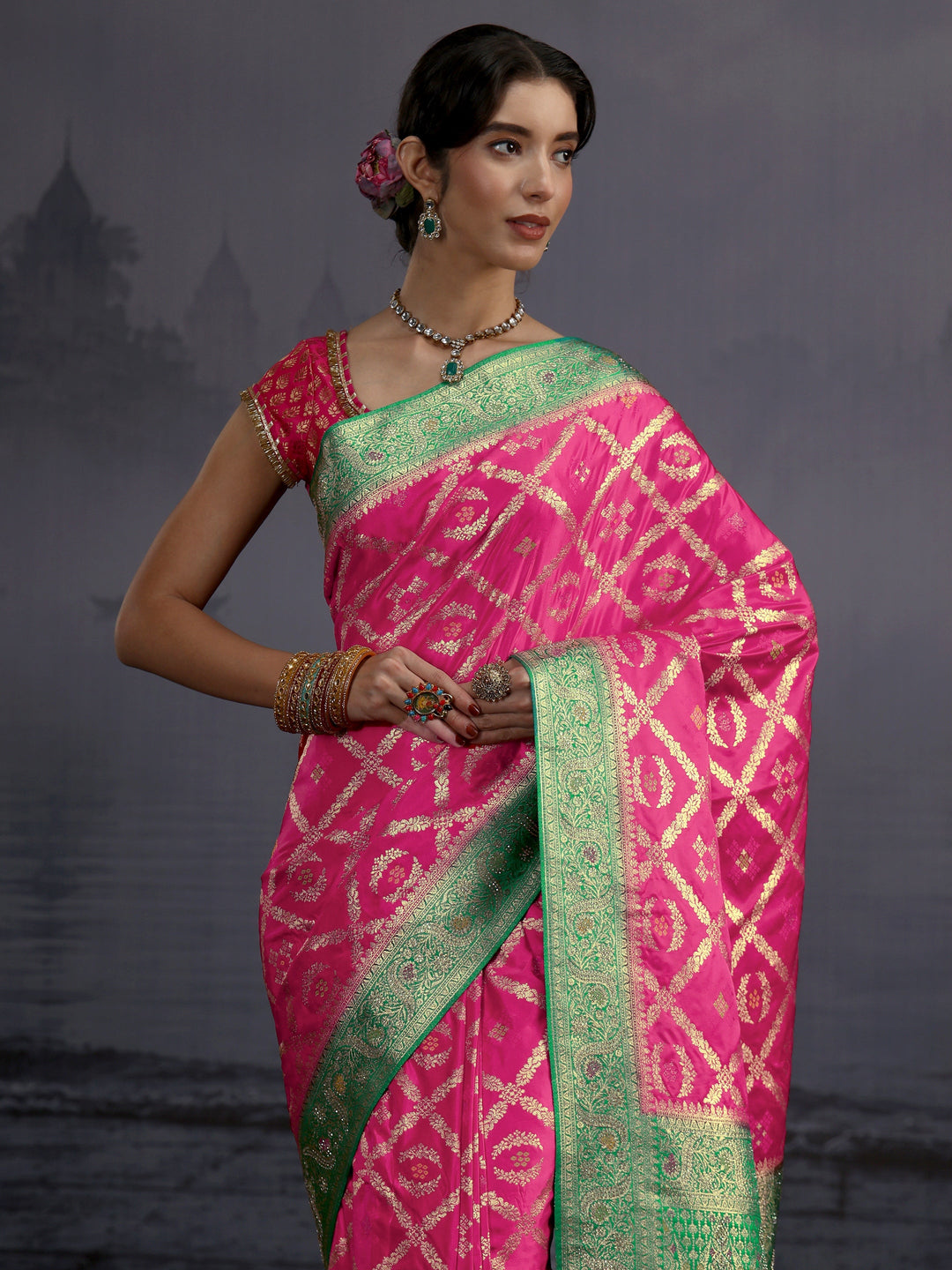 Libas Pink and Green Ethnic Woven Design Silk Blend Saree