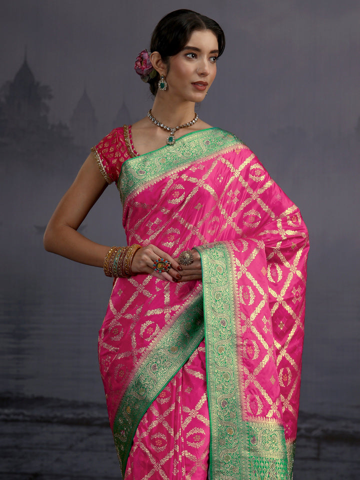 Libas Pink and Green Ethnic Woven Design Silk Blend Saree