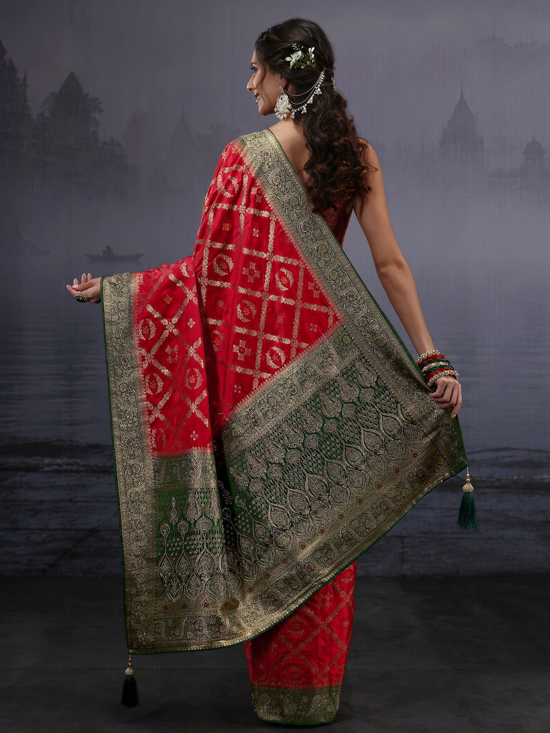 Libas Red and Green Ethnic Woven Design Silk Blend Saree