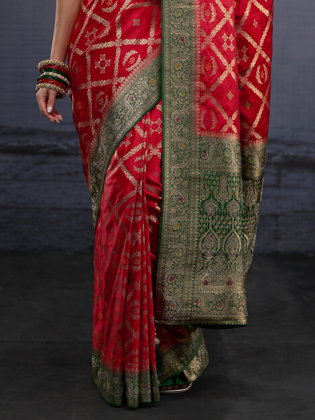 Libas Red and Green Ethnic Woven Design Silk Blend Saree