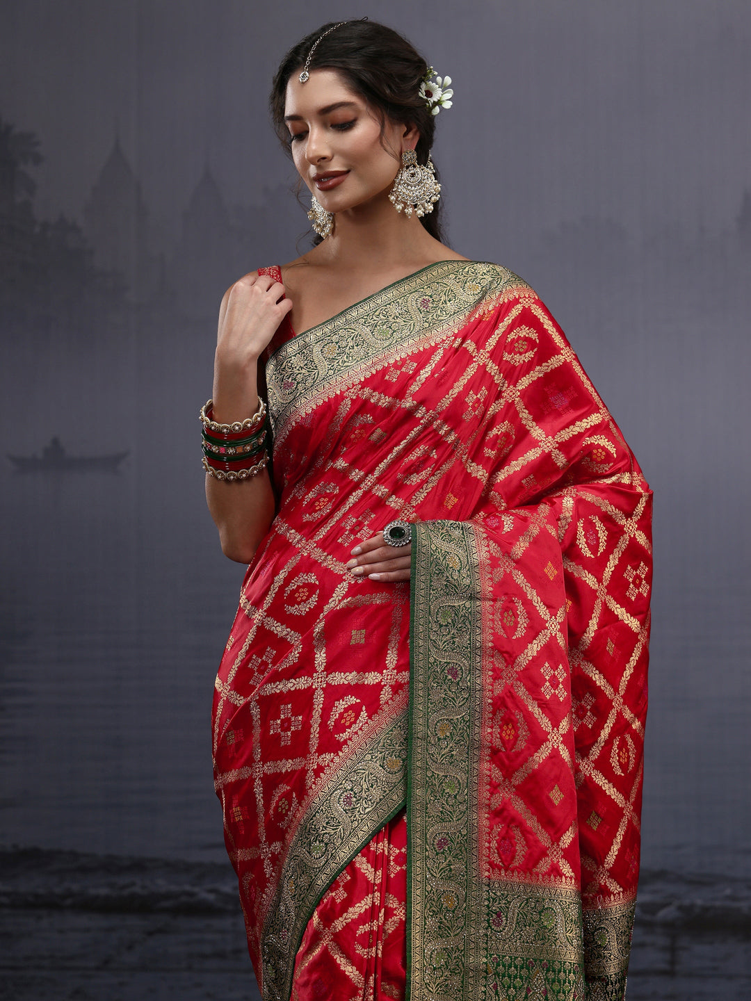 Libas Red and Green Ethnic Woven Design Silk Blend Saree