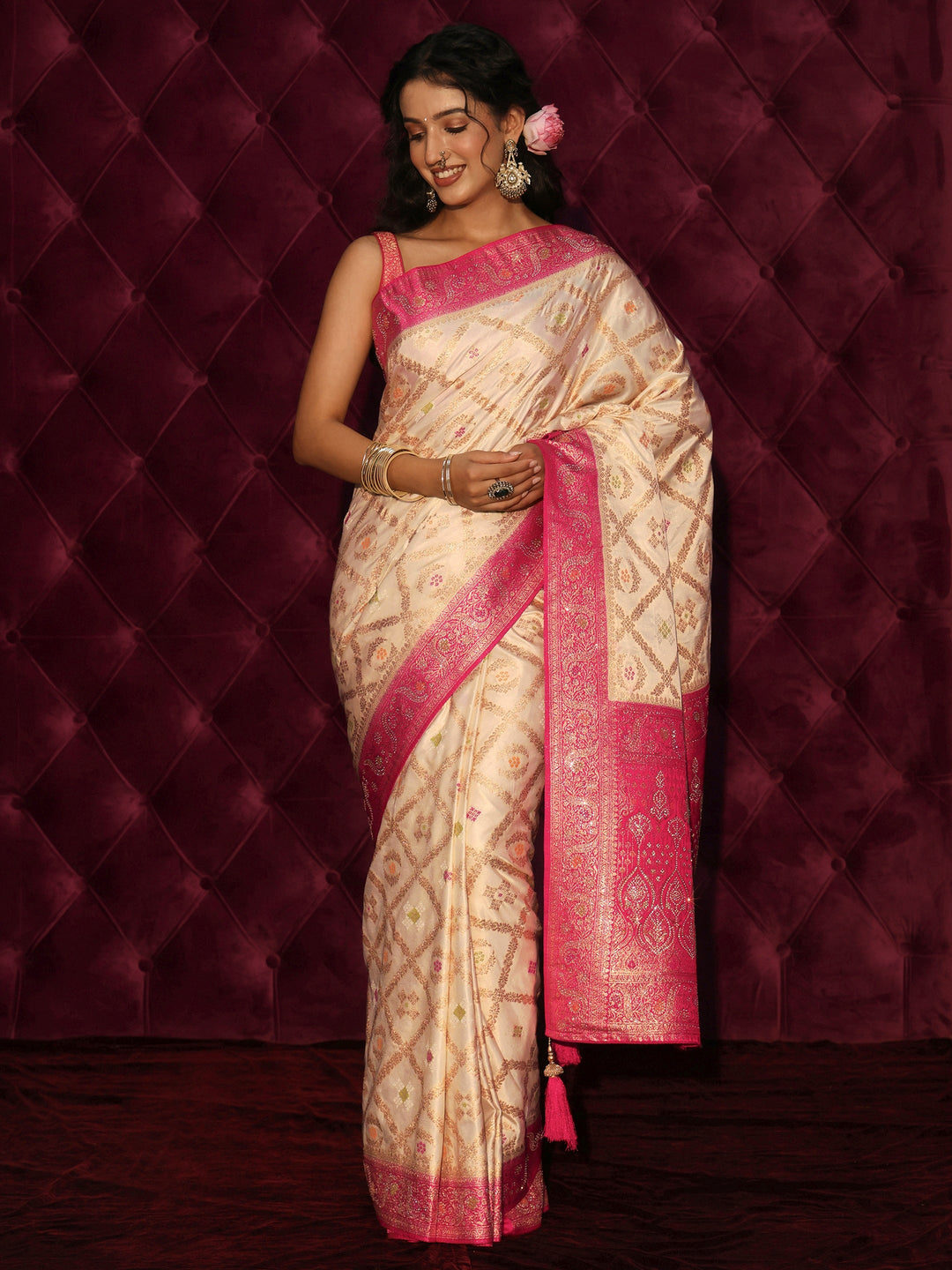 Libas Cream and Pink Ethnic Woven Design Silk Blend Saree