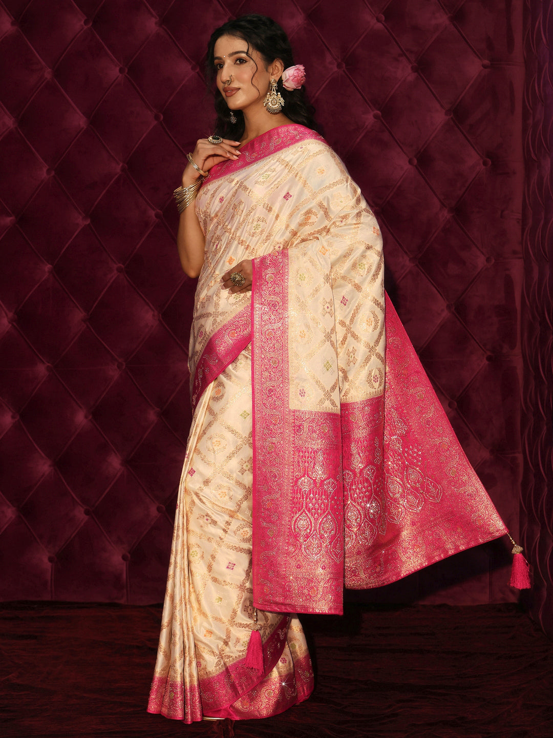 Libas Cream and Pink Ethnic Woven Design Silk Blend Saree