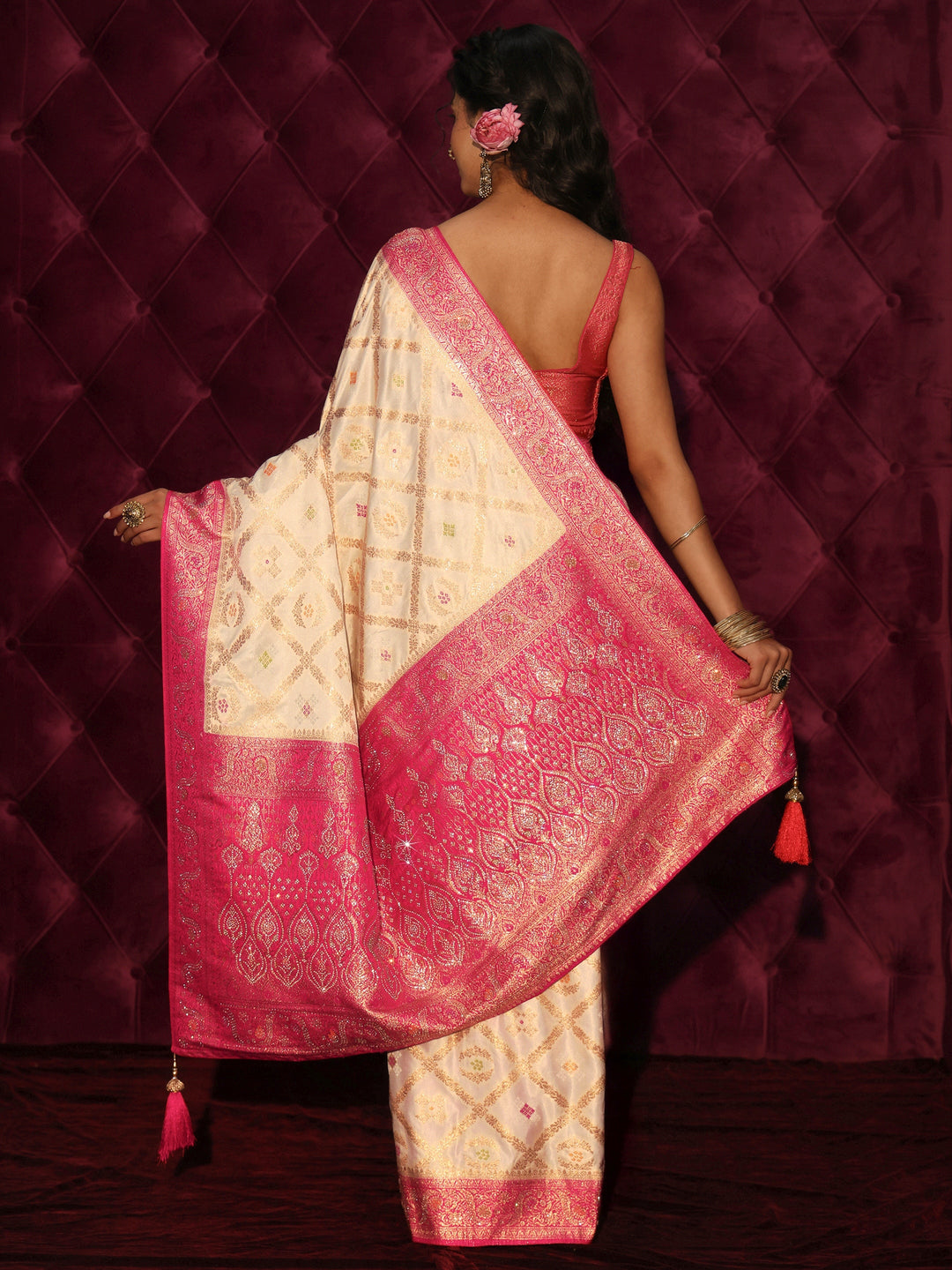 Libas Cream and Pink Ethnic Woven Design Silk Blend Saree