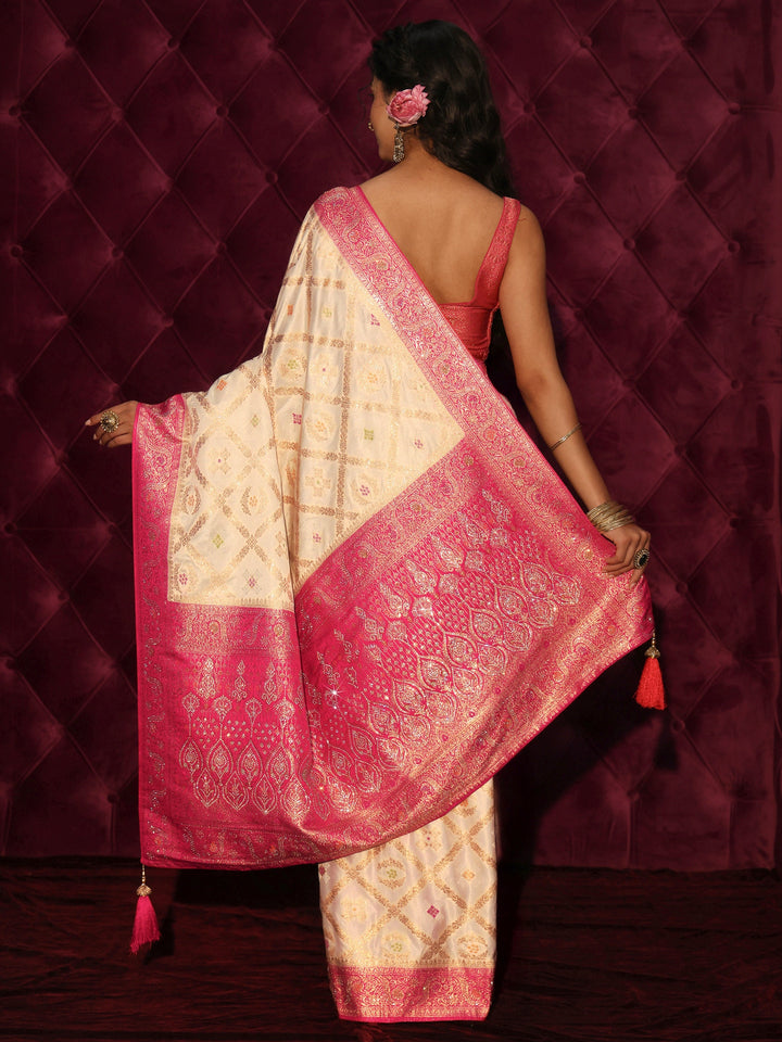 Libas Cream and Pink Ethnic Woven Design Silk Blend Saree