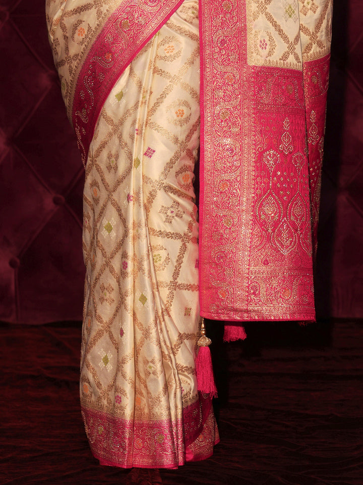 Libas Cream and Pink Ethnic Woven Design Silk Blend Saree