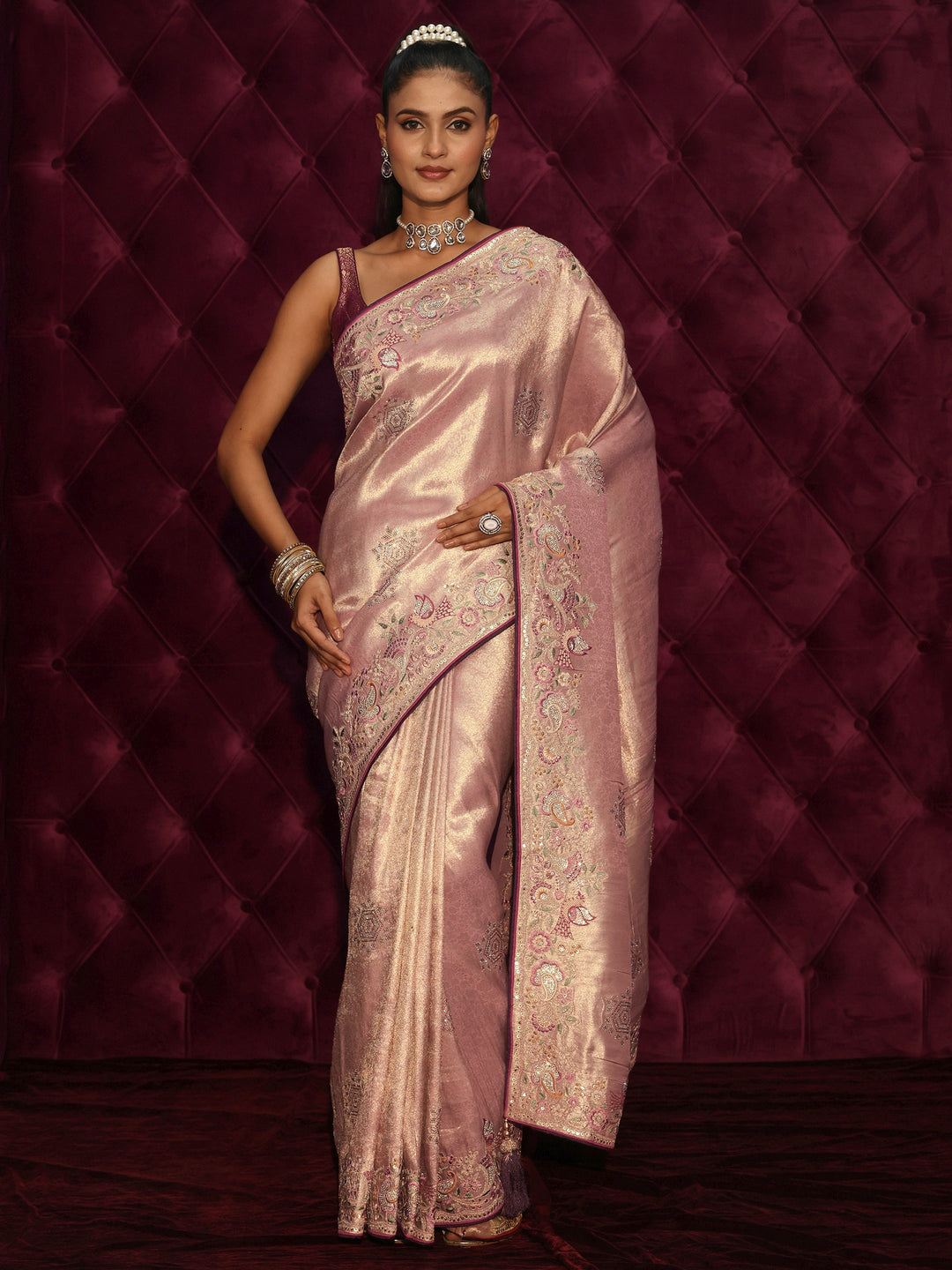 Libas Art Mauve Woven Design Silk Blend Saree with Embroidered Border