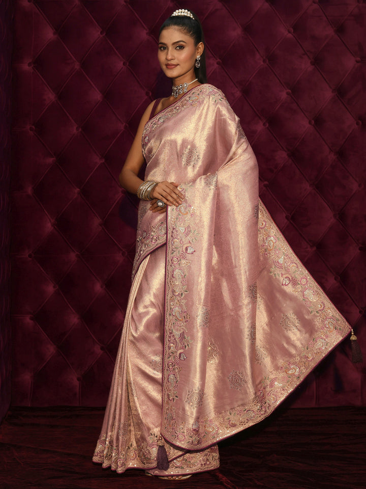 Libas Art Mauve Woven Design Silk Blend Saree with Embroidered Border