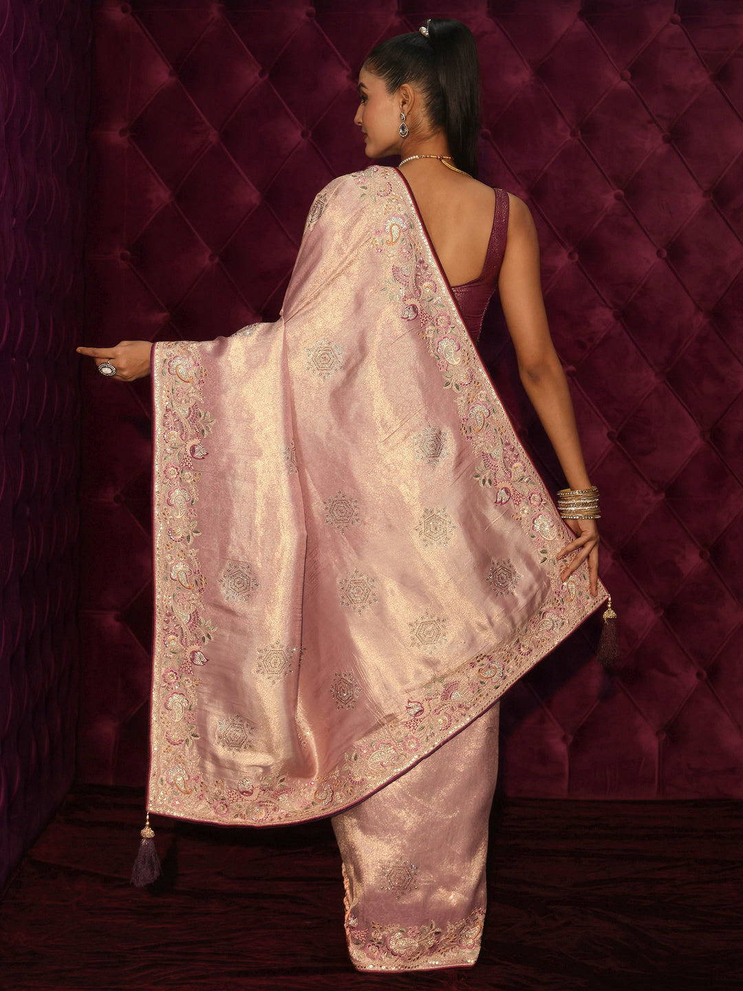 Libas Art Mauve Woven Design Silk Blend Saree with Embroidered Border