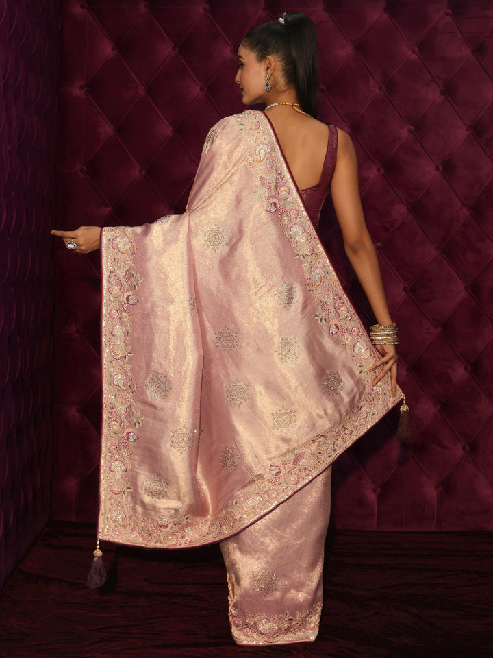 Libas Art Mauve Woven Design Silk Blend Saree with Embroidered Border