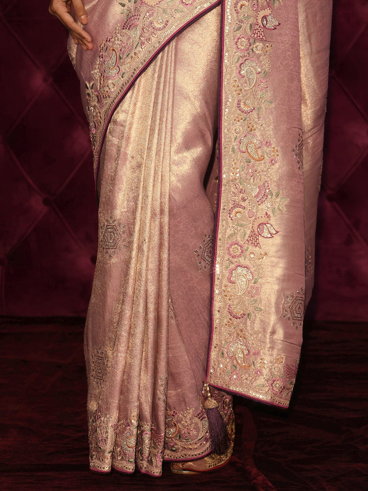 Libas Art Mauve Woven Design Silk Blend Saree with Embroidered Border