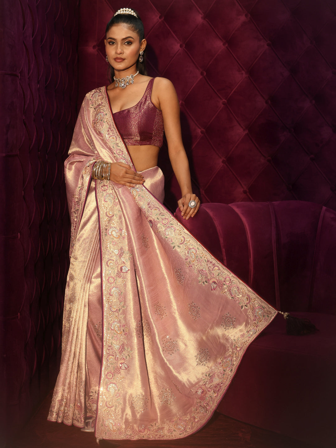Libas Art Mauve Woven Design Silk Blend Saree with Embroidered Border
