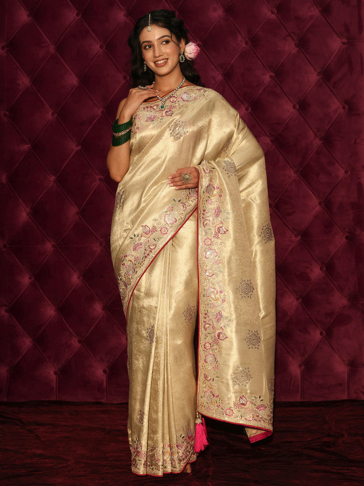 Libas Art Golden Woven Design Silk Blend Saree with Embroidered Border