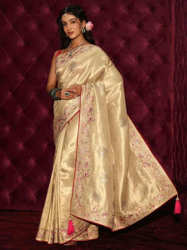 Libas Art Golden Woven Design Silk Blend Saree with Embroidered Border