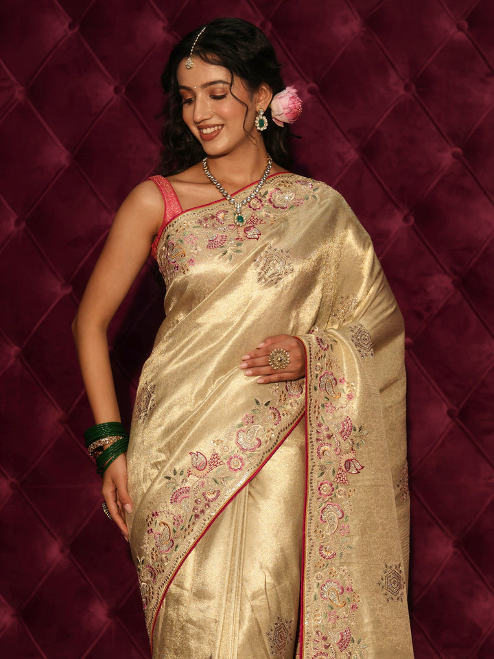 Libas Art Golden Woven Design Silk Blend Saree with Embroidered Border