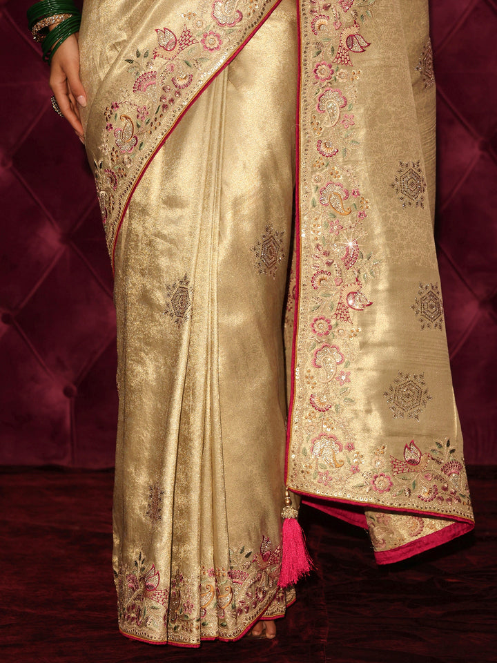 Libas Art Golden Woven Design Silk Blend Saree with Embroidered Border