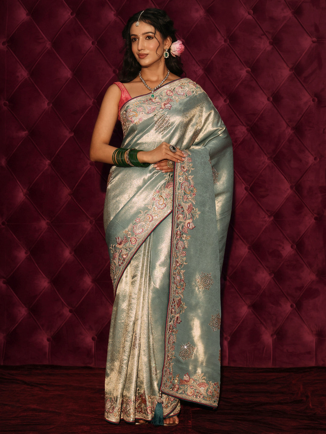 Libas Art Blue Woven Design Silk Blend Saree with Embroidered Border