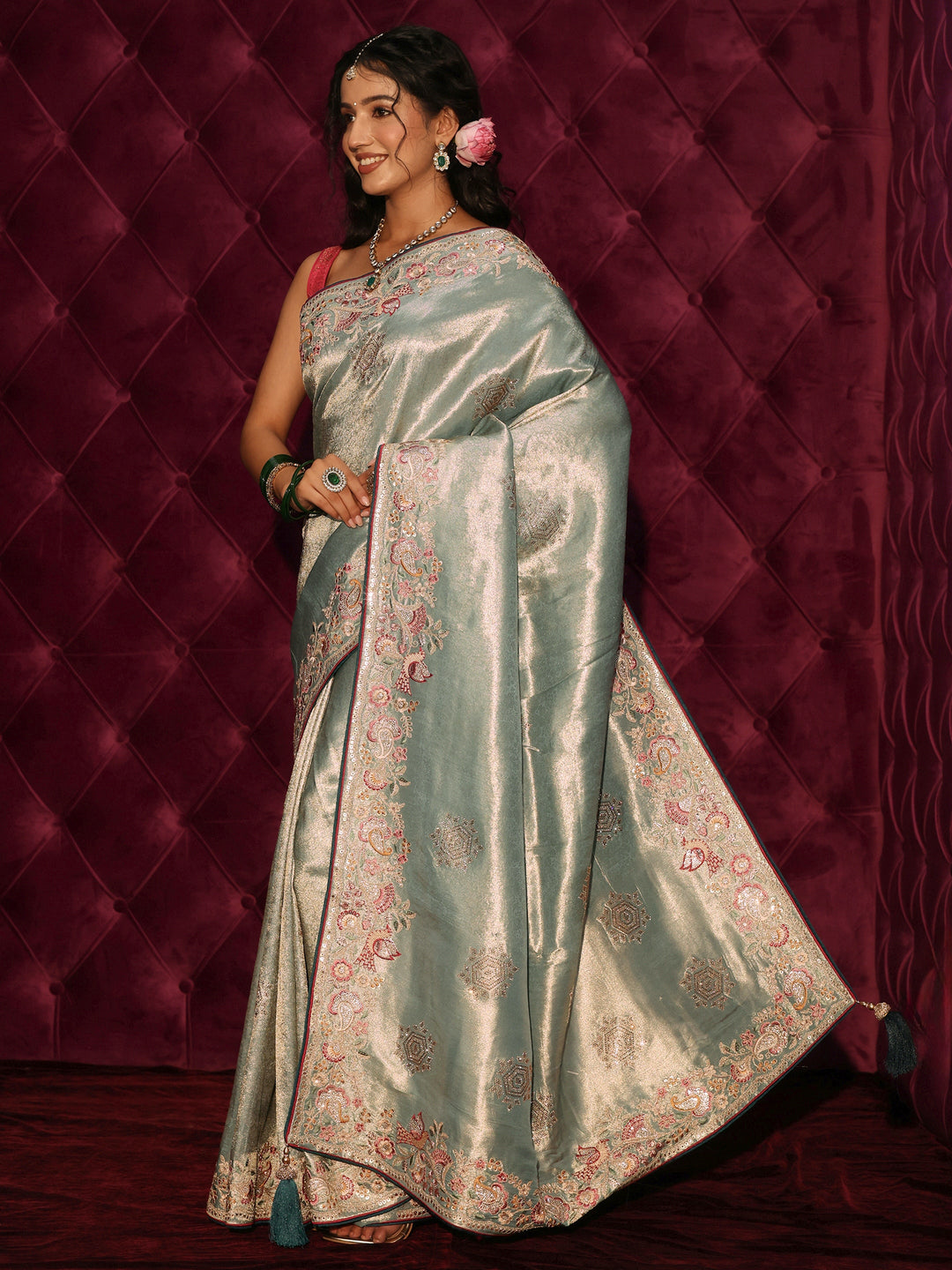 Libas Art Blue Woven Design Silk Blend Saree with Embroidered Border