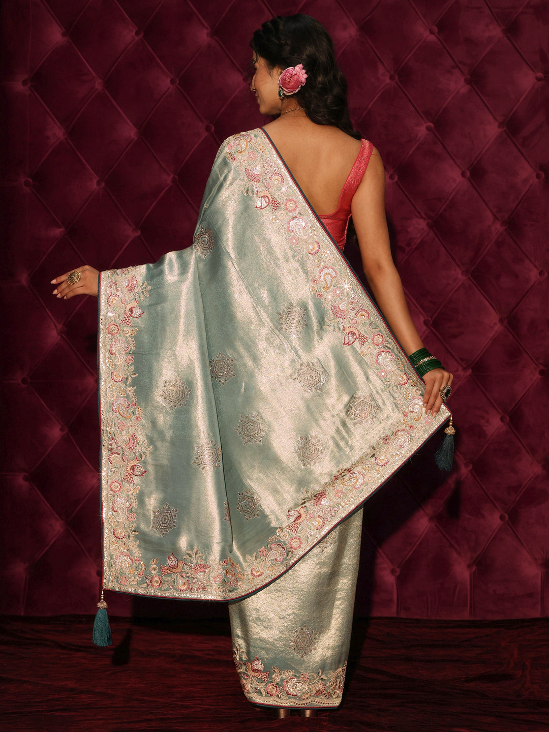 Libas Art Blue Woven Design Silk Blend Saree with Embroidered Border