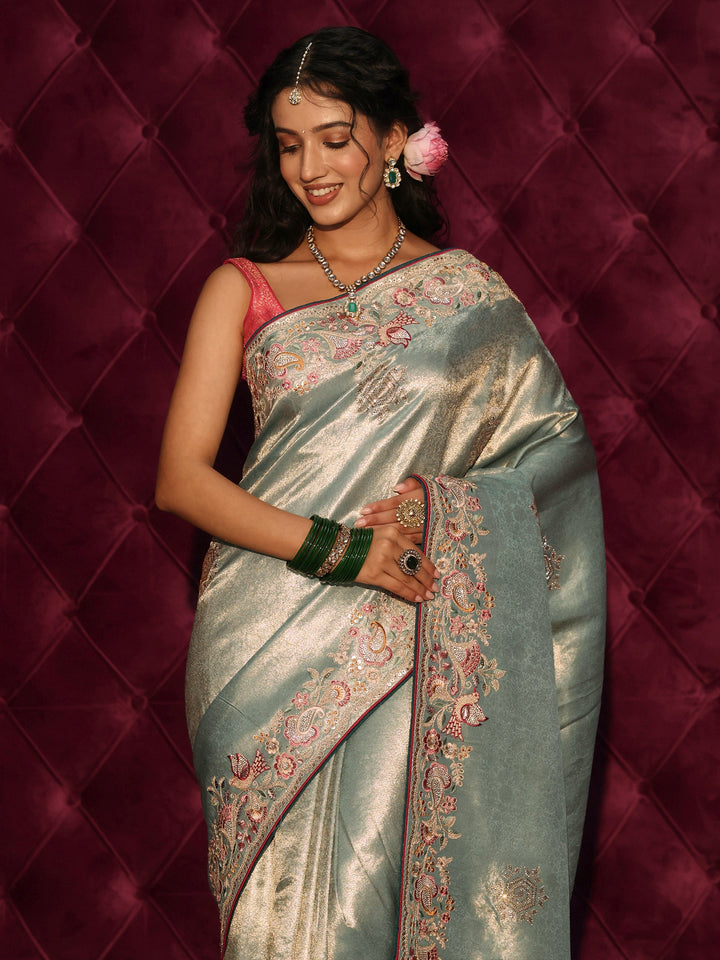 Libas Art Blue Woven Design Silk Blend Saree with Embroidered Border