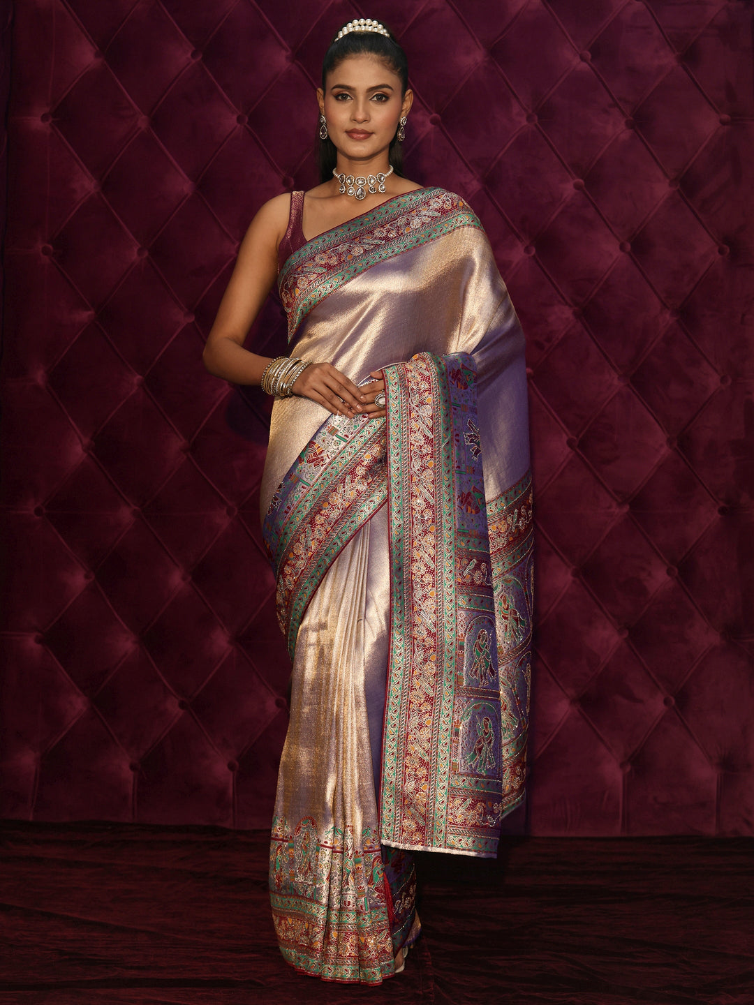 Libas Art Lavender Mughal Woven Design Silk Blend Saree with Stone Work