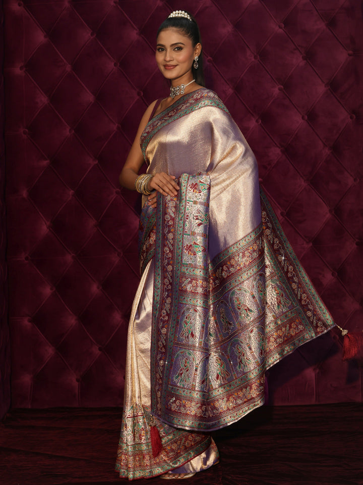 Libas Art Lavender Mughal Woven Design Silk Blend Saree with Stone Work