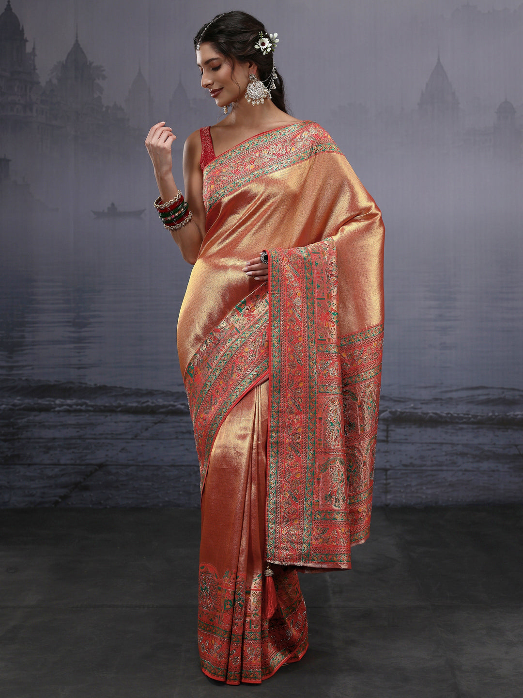 Libas Art Red Mughal Woven Design Silk Blend Saree with Stone Work