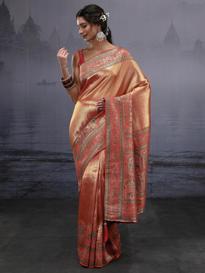 Libas Art Red Mughal Woven Design Silk Blend Saree with Stone Work