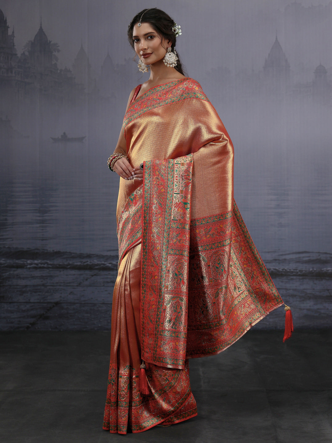 Libas Art Red Mughal Woven Design Silk Blend Saree with Stone Work