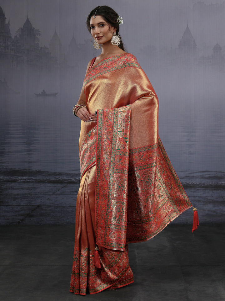 Libas Art Red Mughal Woven Design Silk Blend Saree with Stone Work